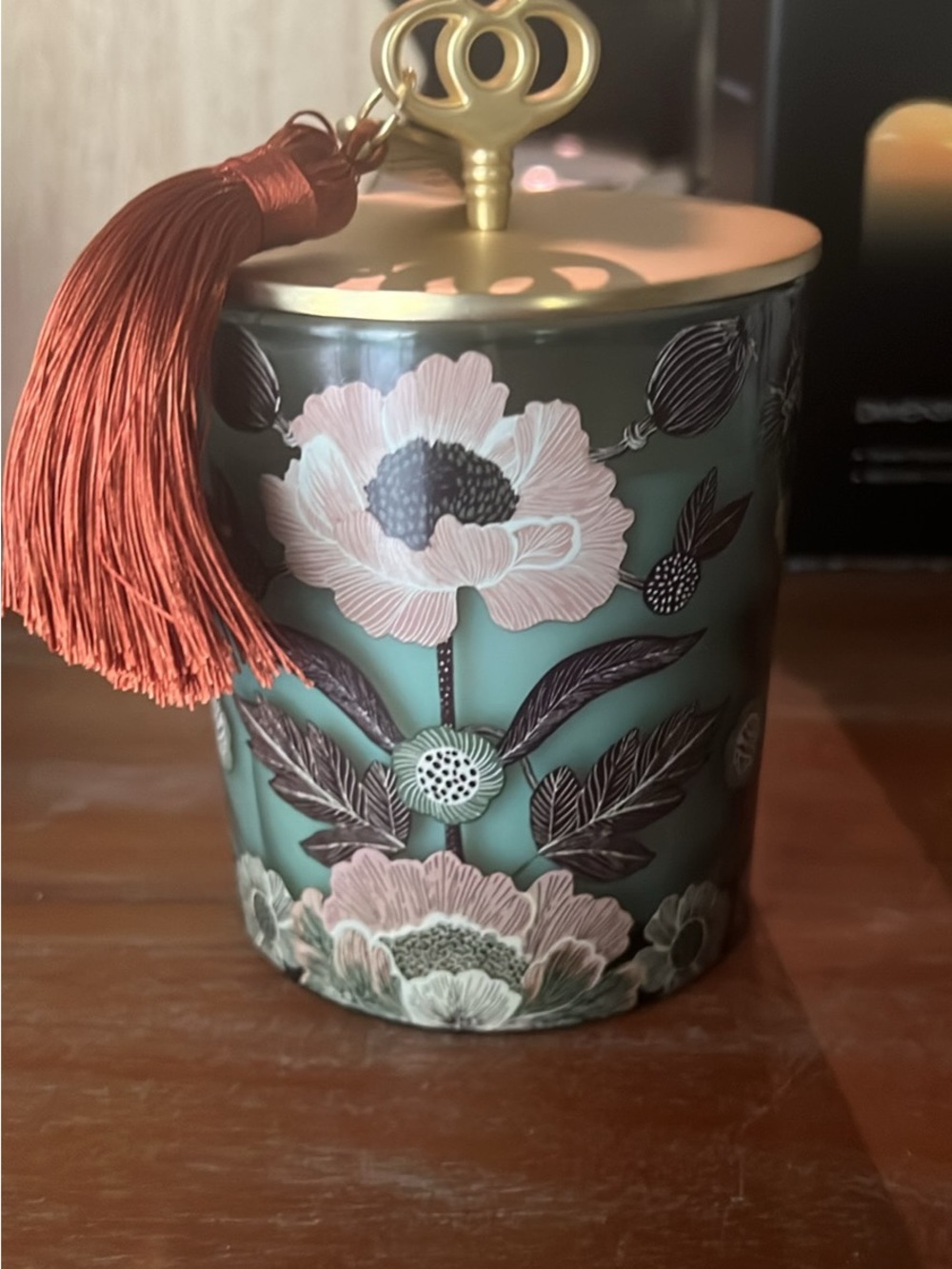 Anthropologie Teal Floral Candle Jar with Pink Blooms and Gold Lid